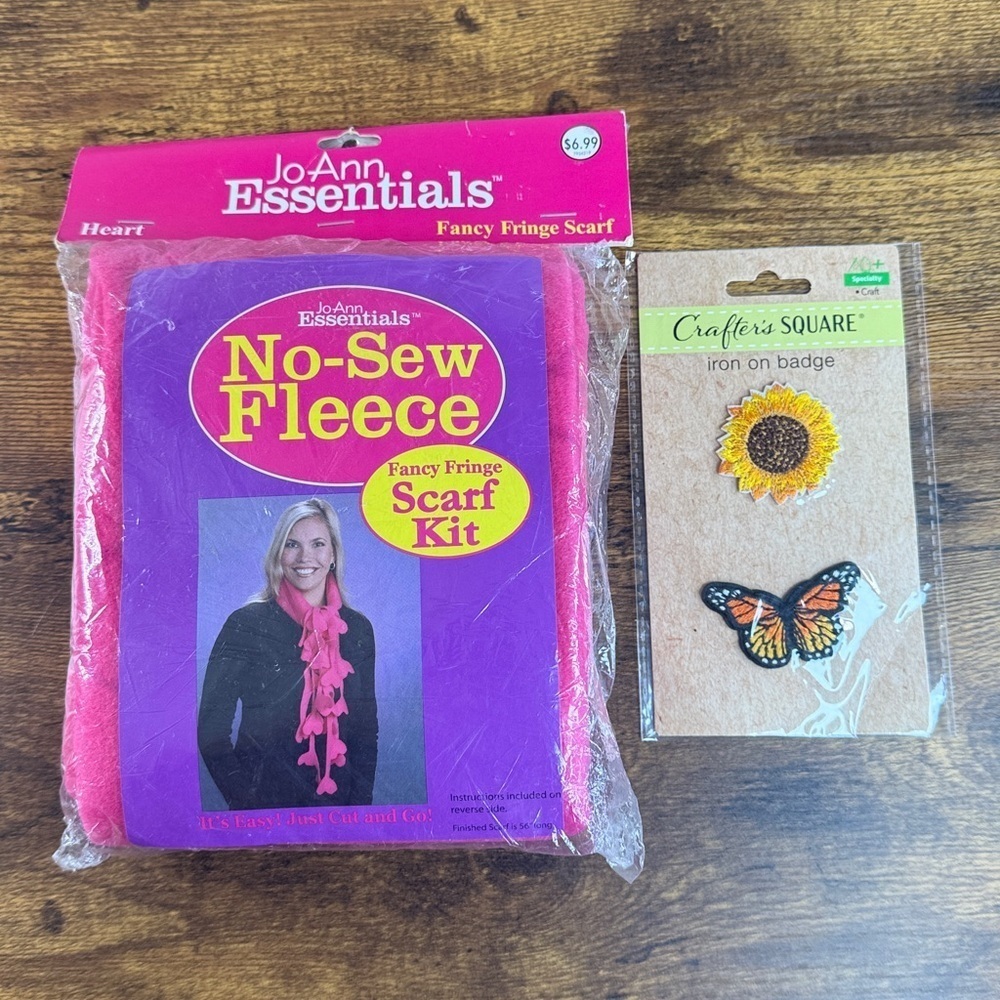 J.O.Ann Pink No-Sew Fleece Scarf & Iron Crafter’s Sunflower + Butterfly